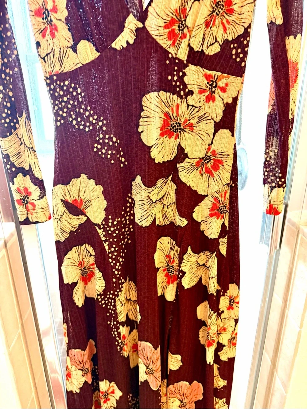 Free People Burgundy Floral Long Sleeve Maxi Dress Boho chic Sz m